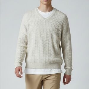 Arrow Men's Cream Beige Cotton Cashmere Cable Knit V-Neck Sweater Size Large